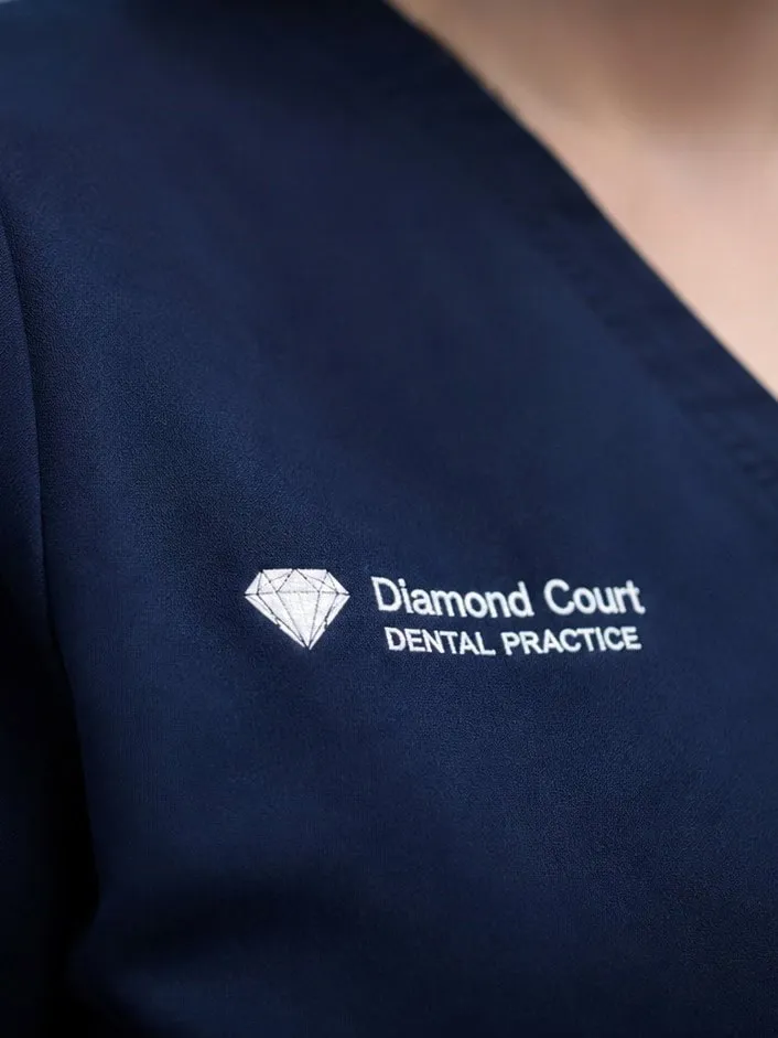 The Diamond Court logo on a clinician's scrubs