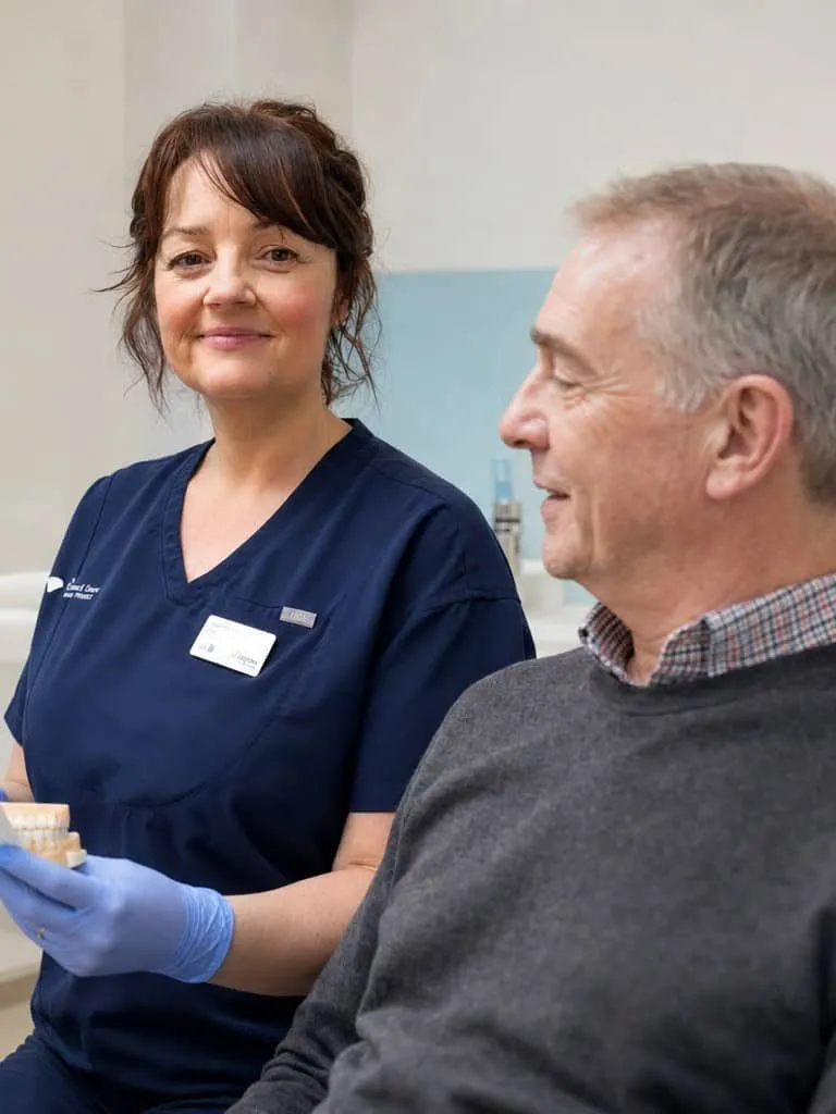 A dental nurse reassuring an older patient in the chair