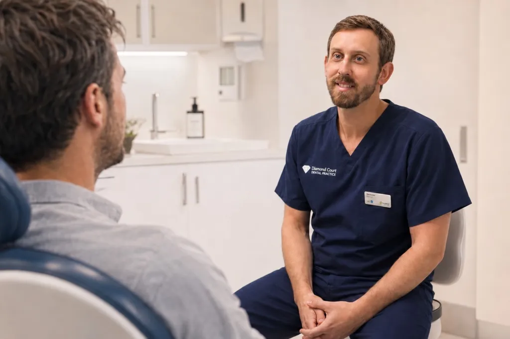 A dentist welcoming a new patient