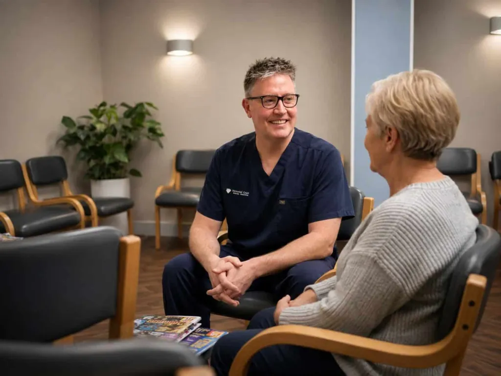 A dentist chatting with a patient in the waiting room