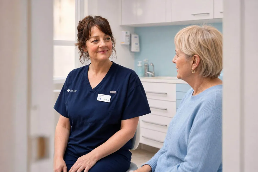 A dental nurse talking with an older patient