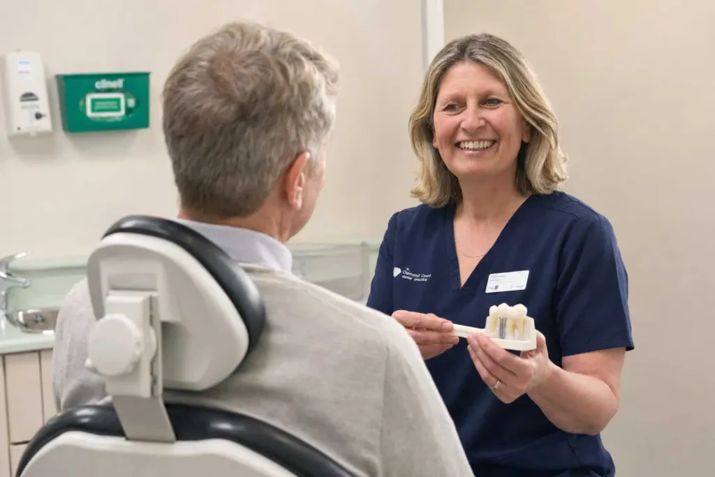 A member of the dental team explaining a dental model to a patient