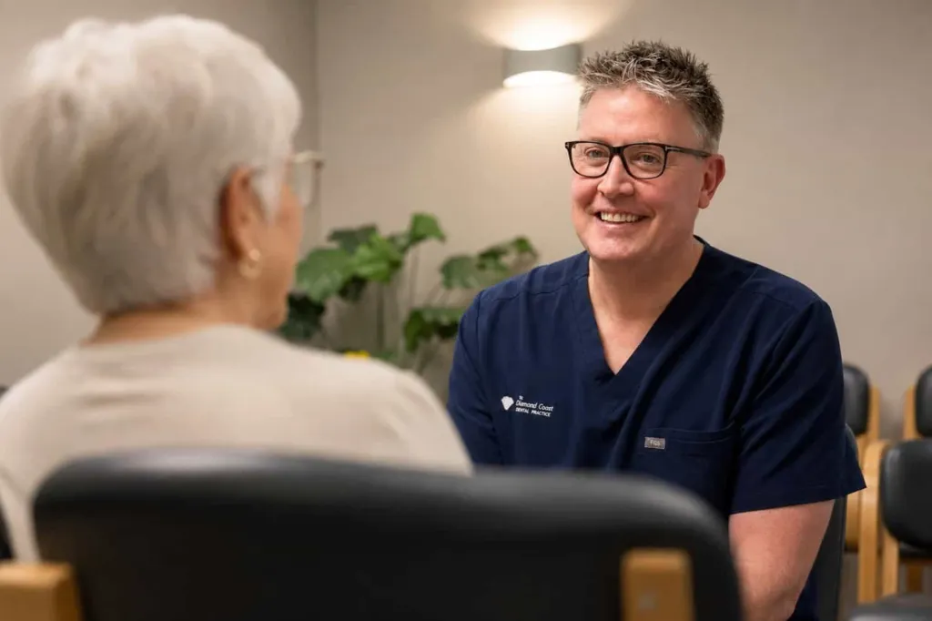 A dentist with a patient in the waiting room