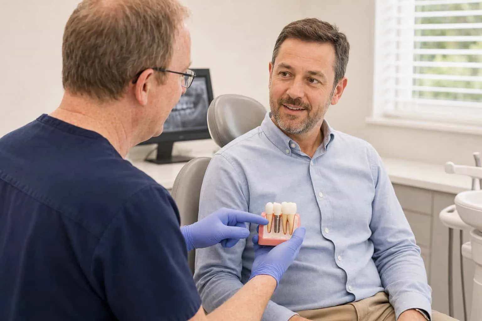 A dentist holding a crown and bridge model