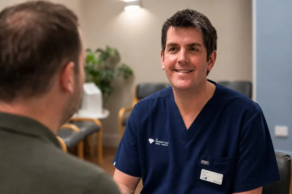 A dentist with a patient in the waiting room