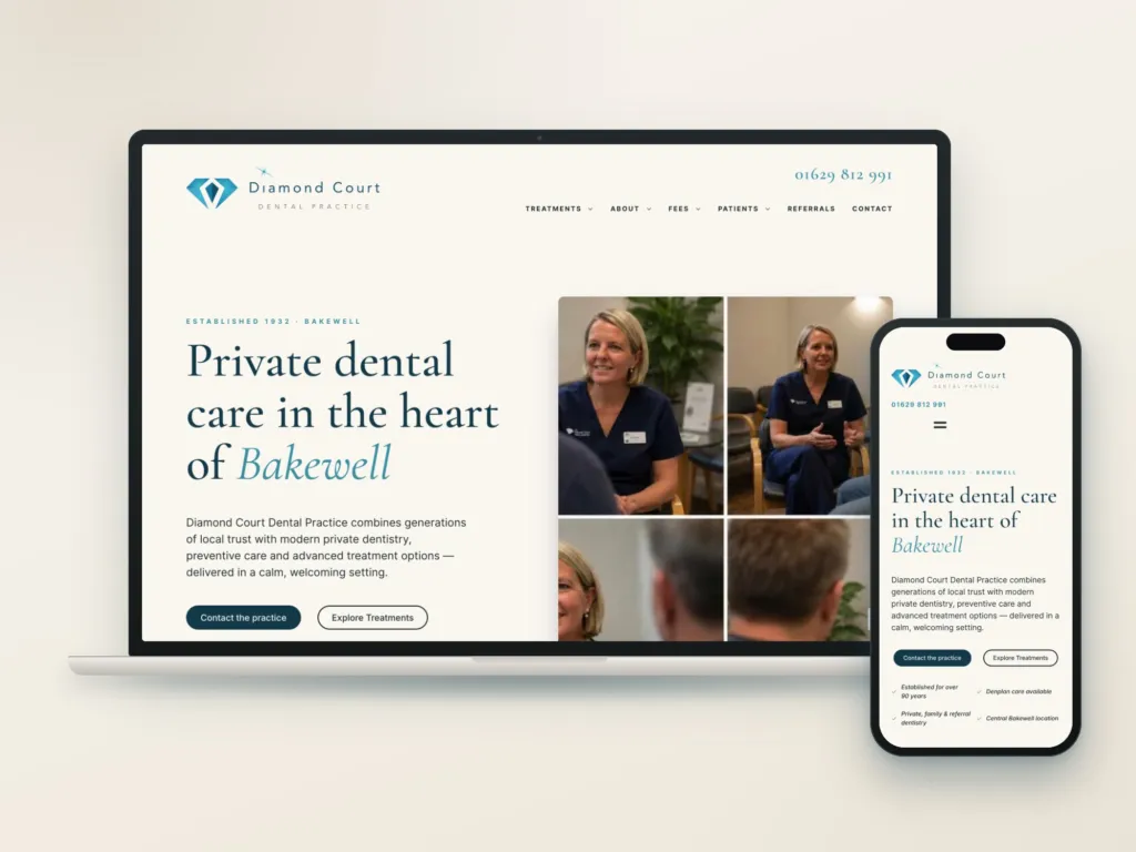 The new Diamond Court Dental website on a laptop and a mobile phone